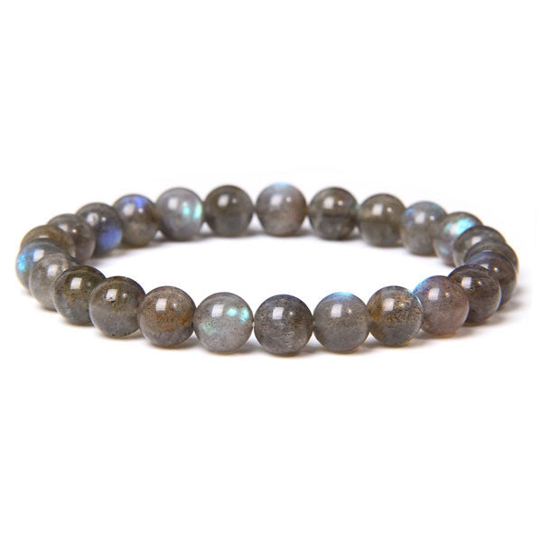 Bracelet en labradorite mystique boule 8 mm sur fond blanc avec carde orange Kaosix