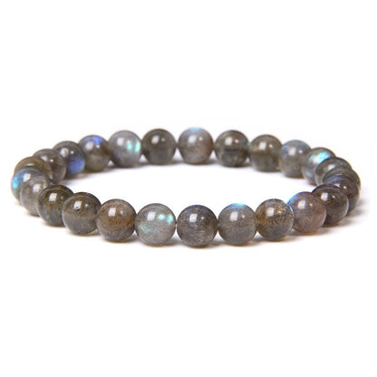 Bracelet en labradorite mystique boule 8 mm sur fond blanc avec carde orange Kaosix
