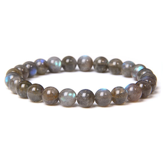 Bracelet en labradorite mystique boule 8 mm sur fond blanc avec carde orange Kaosix