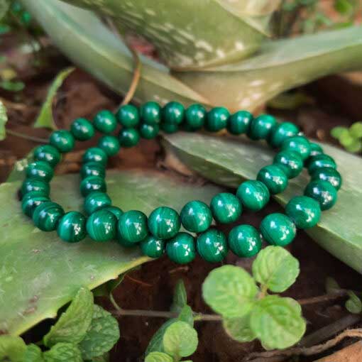 Bracelet en malachite transformation boule 8 mm sur des feuilles d'arbre dans un jardin Kaosix