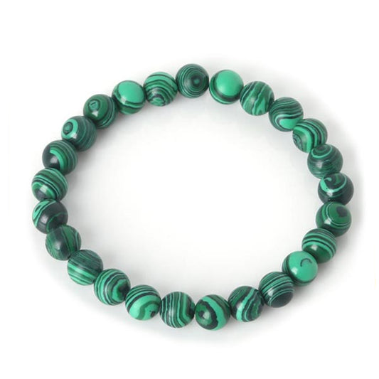 Bracelet en malachite transformation boule 8 mm sur fond blanc avec cadre orange Kaosix