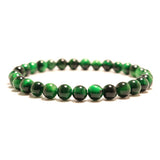 Bracelet en œil de tigre vert énergisant sur fond blanc avec cadre orange Kaosix