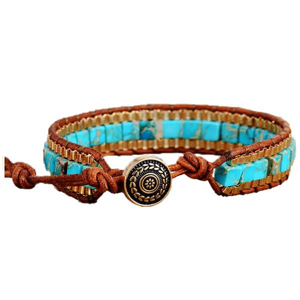 Bracelet femme turquoise perle cubique et cuir sur fond blanc avec cadre orange Kaosix