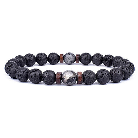 Bracelet homme en pierre de lave et en pierre de lune noire sur fond blanc avec cadre orange Kaosix