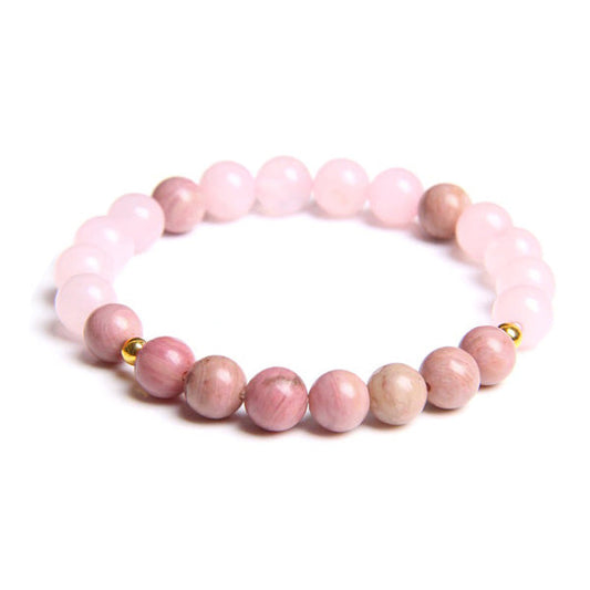 Bracelet joie et amour en quartz rose et rhodonite sur fond blanc avec cadre orange Kaosix