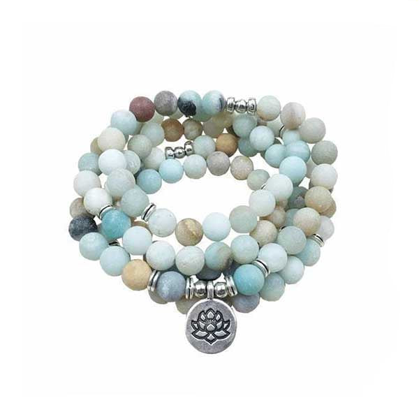 Bracelet mala 108 perles amazonite lotus sur fond blanc avec cadre orange Kaosix