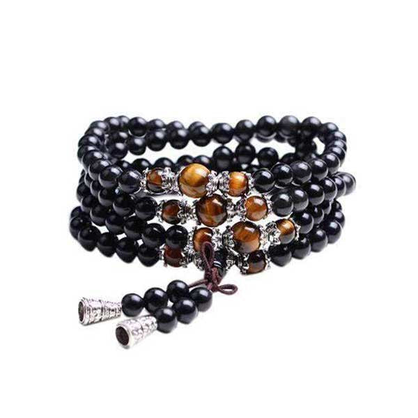 Mala 108 perles en onyx noir et en oeil de tigre (boule 8 mm)