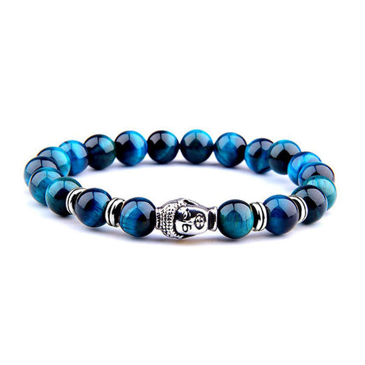 Bracelet œil de tigre bleu tête de Bouddha sur fond blanc avec cadre orange Kaosix