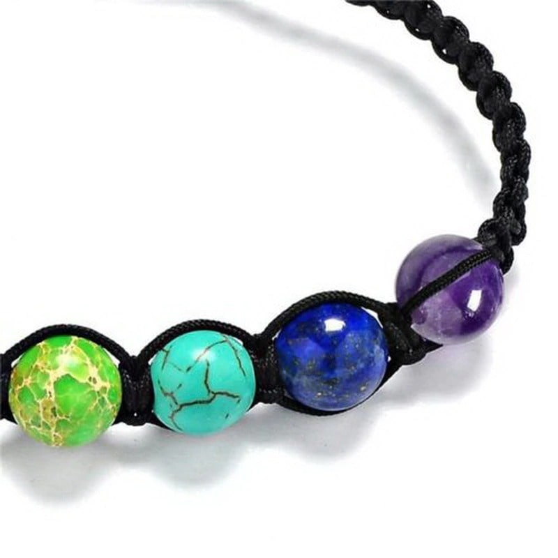 Bracelet shamballa 7 chakras gros plan sur perles de couleurs vert bleu indigo Kaosix