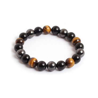 Bracelet triple protection œil de tigre hématite obsidienne noire sur fond blanc avec cadre orange