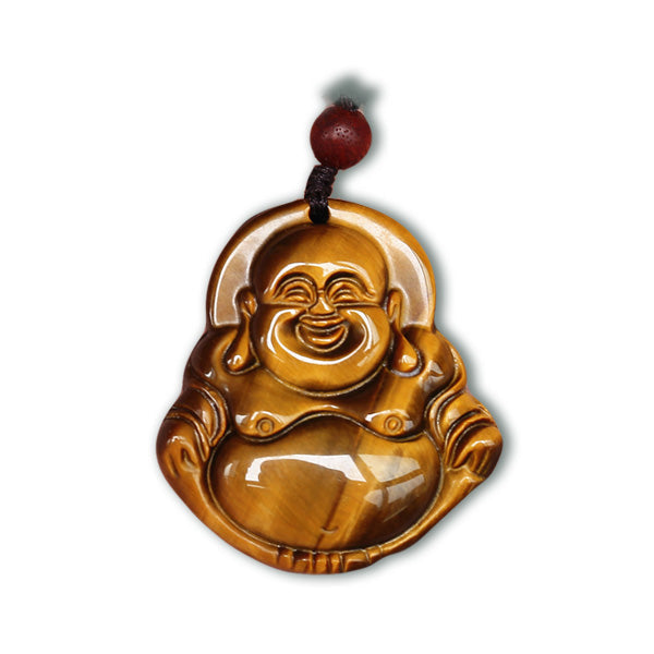 Collier pendentif Bouddha Rieur en Œil de Tigre sur fond blanc avec cadre orange Kaosix