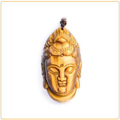 Collier pendentif Guanyin (Bouddha) en Œil de Tigre sur fond blanc avec cadre orange Kaosix