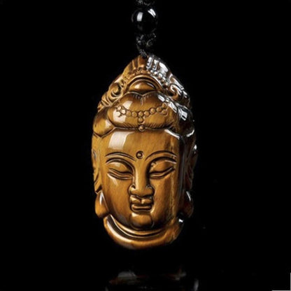 Collier pendentif Guanyin (Bouddha) en Œil de Tigre sur fond noir Kaosix