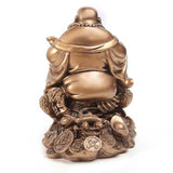 Dimensions Statue bouddha rieur bronze sur grenouille à trois pattes vue de derrière et sur fond blanc kaosix