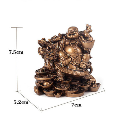 Dimensions de Statue bouddha rieur sur tortue dragon couleur bronze sur fond blanc Kaosix