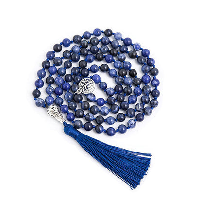 Mala 108 perles Lapis Lazuli et symbole arbre de vie sur fond blanc avec cadre orange Kaosix