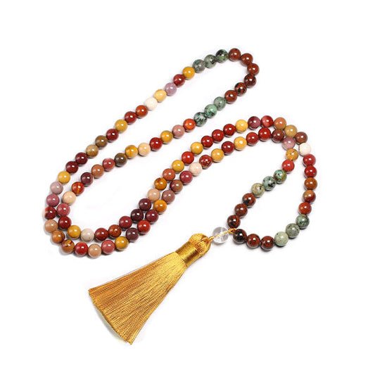 Mala 108 perles Obsidienne Acajou, Jaspe Mokaite, Turquoise Africaine sur fond blanc avec cadre orange Kaosix