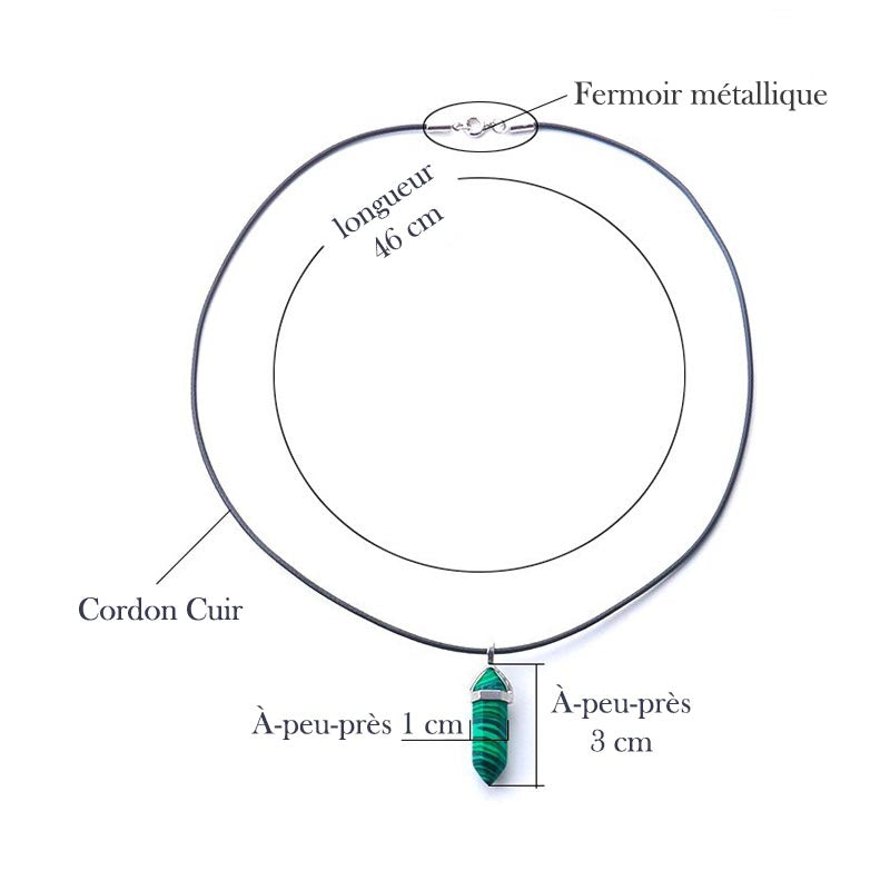 Pendentif Pierre Pointe  malachite avec cordon et dimensions indiquées sur fond blanc Kaosix