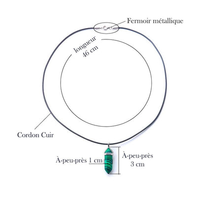 Pendentif Pierre Pointe  malachite avec cordon et dimensions indiquées sur fond blanc Kaosix