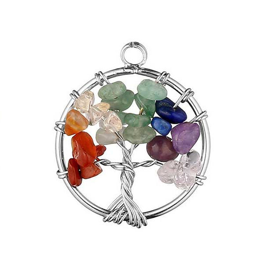 Pendentif arbre de vie 7 chakras sur fond blanc avec cadre orange Kaosix