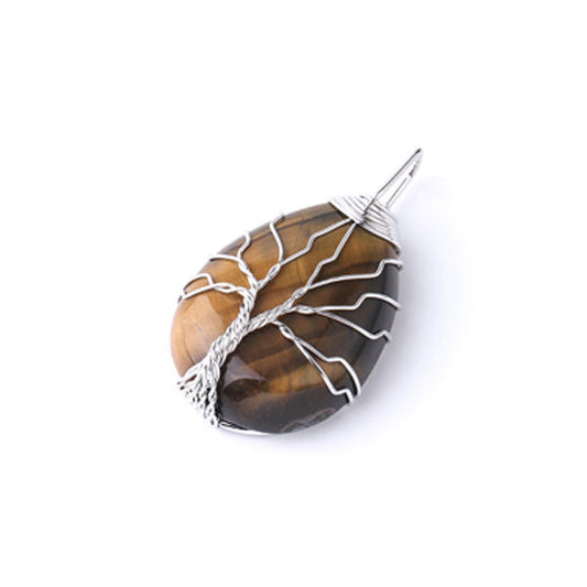 Pendentif collier arbre de vie goutte œil de tigre sur fond blanc Kaosix