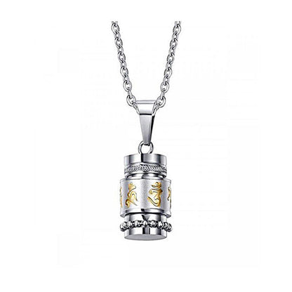 Pendentif moulin à prières tibétain Om Mani Padme Hum sur fond blanc kaosix