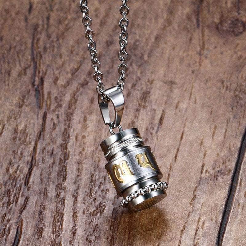 Pendentif tibétain moulin à prières Om Mani Padme Hum sur plancher kaosix