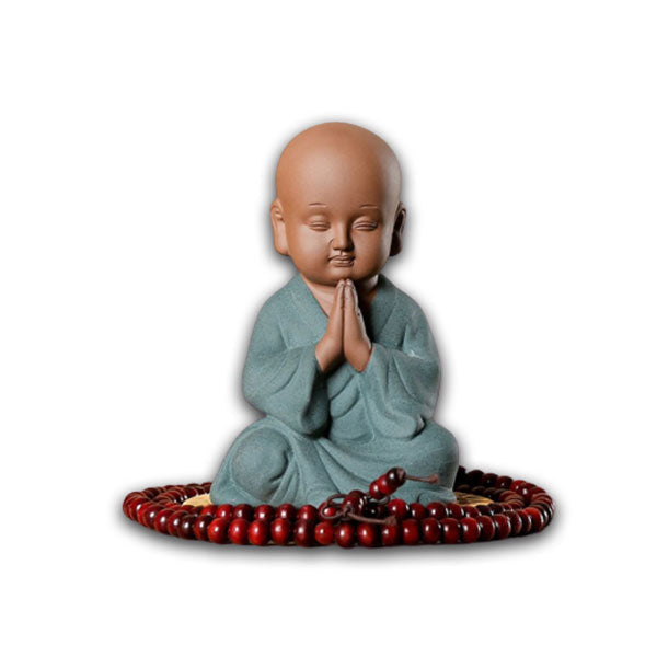 Grande Statue De Moine Bouddhiste En Prière - IXIA - 45 Cm - Résine Blanc Et Or