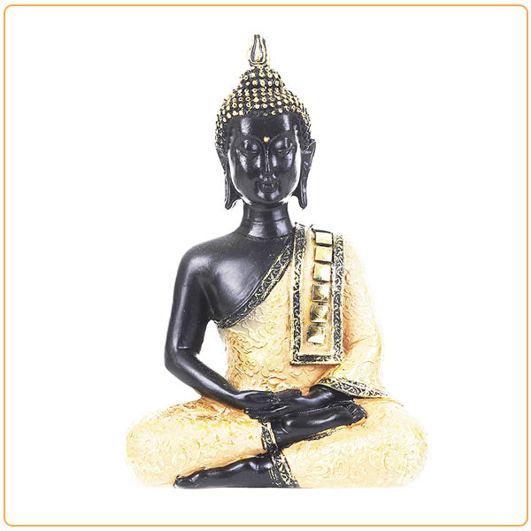 Statue Bouddha assis Dhyana mudra couleur dorée sur un fond blanc avec cadre orange kaosix