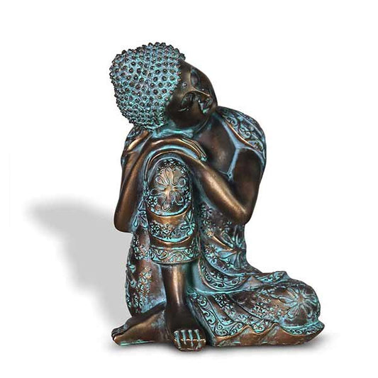 Statue Bouddha assis penseur cuivre bleu ciel sur fond blanc avec cadre orange Kaosix