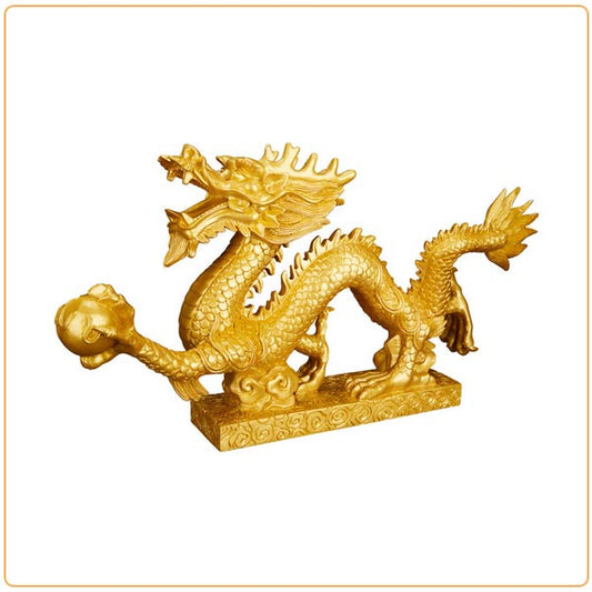 Statue Dragon Chinois doré Perle Feng Shui sur fond blanc avec cadre orange Kaosix