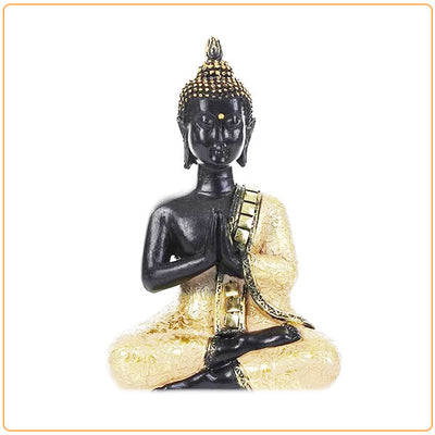 Statue bouddha Anjali mudra assis en tailleur sur fond blanc Kaosix