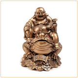 Statue bouddha rieur bronze sur grenouille à trois pattes fond blanc avec cadre orange Kaosix