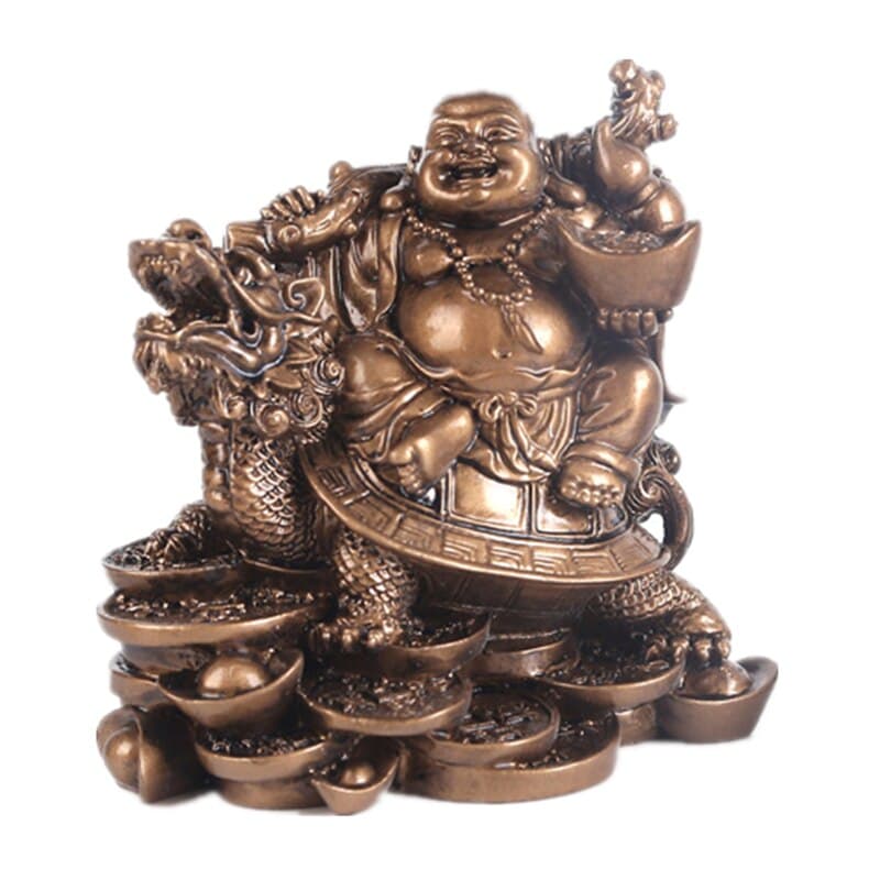 Statue bouddha rieur sur tortue dragon couleur bronze sur fond blanc Kaosix