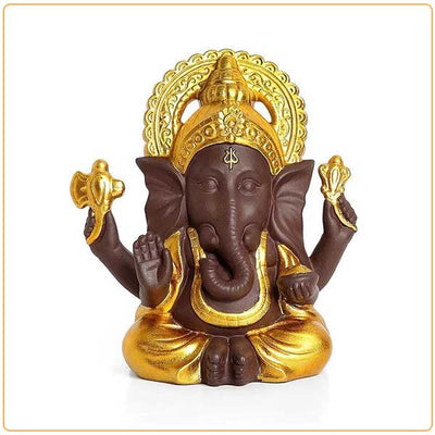 Statue de Ganesh doré sur fond blanc avec cadre orange Kaosix