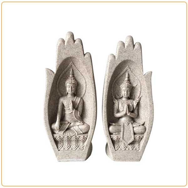 Statue main de Bouddha anjali mudra couleur gris sur fond blanc avec cadre orange Kaosix