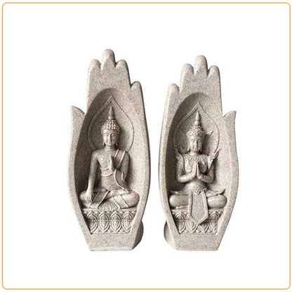 Statue main de Bouddha anjali mudra couleur gris sur fond blanc avec cadre orange Kaosix