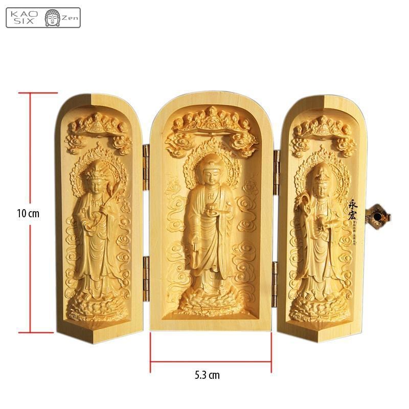 Trois statues Bouddha coffret cylindrique en bois sur fond blanc avec dimensions