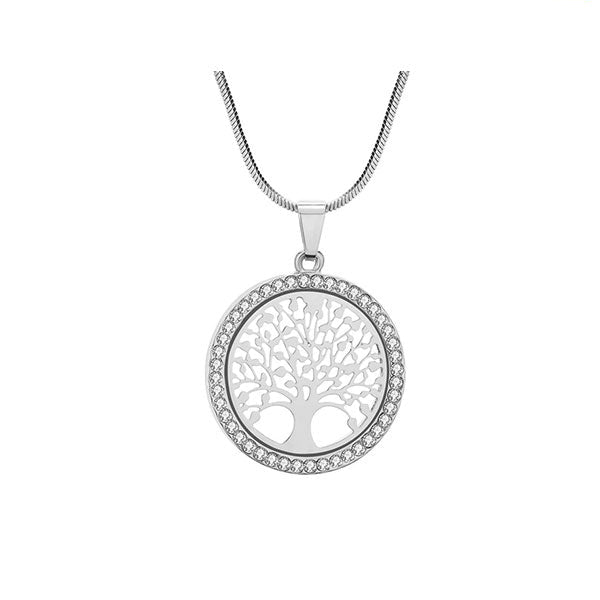 Collier pendentif arbre de vie métal argent cadre rond sur fond blanc kaosix