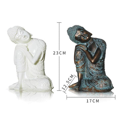 dimensions de 2 statues Bouddha assis penseur cuivre bleu ciel et blanc sur fond blanc Kaosix
